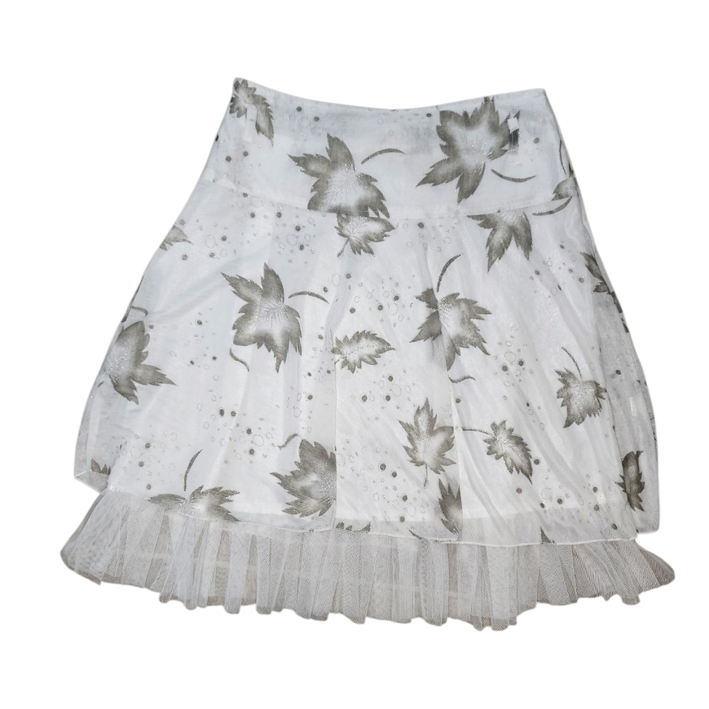 Vintage White Mini Skirt, Sparkly Leaf Pattern, Size S